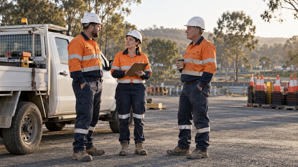 Three traffic-management workers talk through the morning shift beside a work ute.