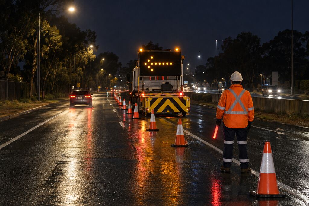 A traffic controller in hi-vis holds a light wand beside cones and an arrow board on a wet road at night.