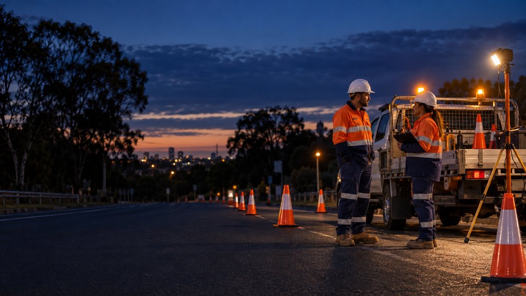 Two crew members prepare for a night shift beside a work ute and a row of traffic cones.