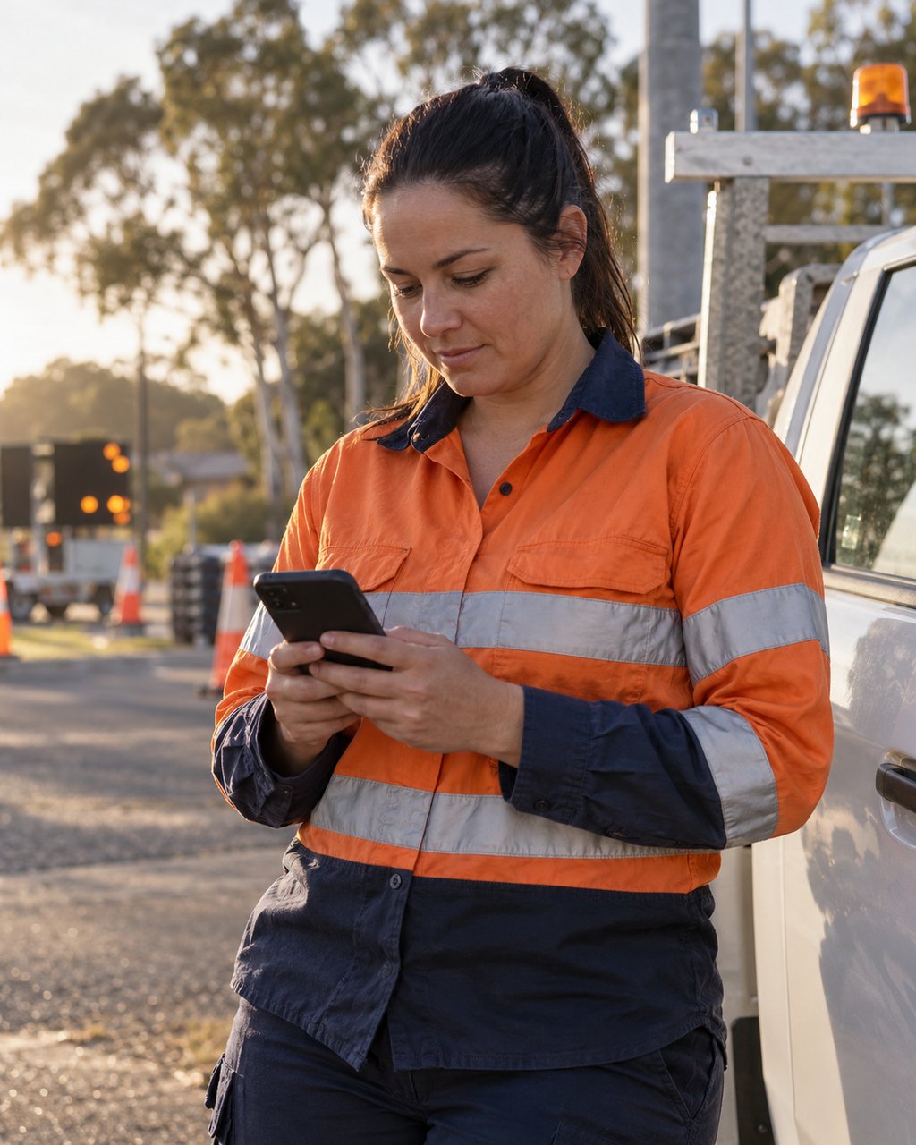 A worker in orange and navy hi-vis checks her phone beside a parked ute at dawn.